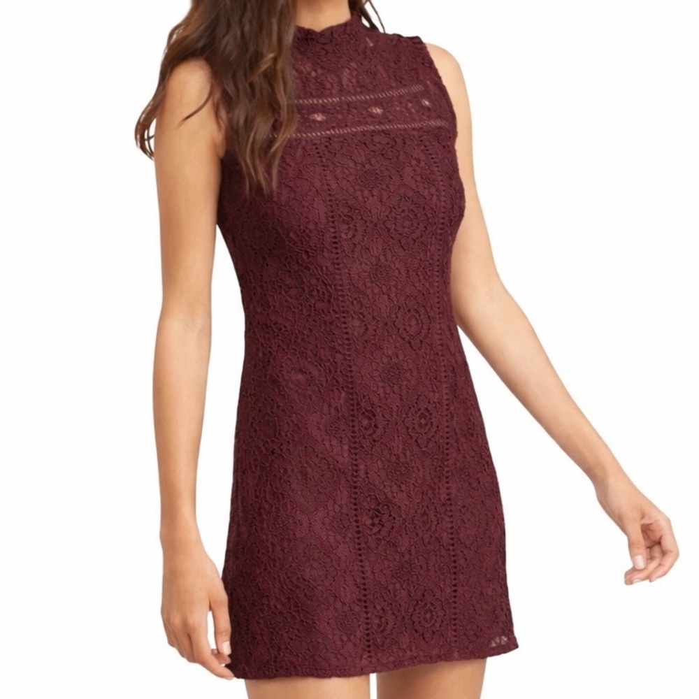 Hollister Burgundy Lace Sleeveless‎ Mini Dress Mock Neck Keyhole Back Size 0